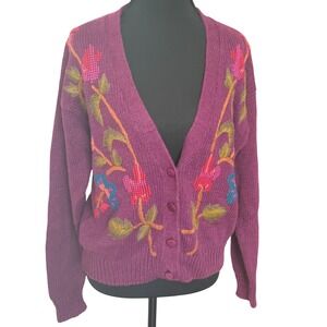 Vtg De Rotchild M Purple Hand Embroidered Floral V Neck Cardigan Grannycore Folk